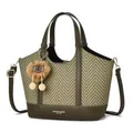 Große olivegrüne Shopper-Tasche aus Webstoff mit Lederdetails und Plüsch-Anhänger - Grün