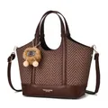 Detailed view of large capacity tote bag with herringbone pattern and soft plush charm - Red