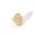 Macro detail of large gold heart ring with micro-paved sparkling white zircon stones - Open Adjustable / Heart-Shaped Radial Flower Style (W-816-2)
