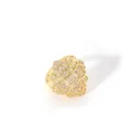 Macro view of gold flower geometric ring featuring sparkling pavé zircon detailing - Open Adjustable / Four-Petal Floral Geometric Style (W-816-4)