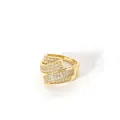 Macro detail of gold-plated bypass ring featuring triple-layered pavé-set cubic zirconia - Open Adjustable / Three-Layer Streamline Bypass Style (W-816-5)