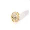 Macro detail of gold adjustable ring with pavé pavé-set stones and large round center gem - Oval Hollow Streamlined (W-816-9)