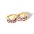 Detail of 18K gold huggie earrings featuring purple square stones and white zircon rows - 1-DQ-W-263 Purple