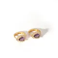 Macro view of 18K gold plated hoop earring with a teardrop purple stone and micro pave crystals - 2-DQ-W-2156 Purple