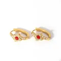 Close-up of gold stainless steel hoop earrings with red center stone and micro-pave crystals - 3-DQ-W-1945