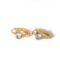 Detail view of 18K gold heart hoop earrings with iridescent crystals and zircon accents - Gold Heart Colorful Gemstone Style (3-DQ-W-1946) / 18K Gold / 3-DQ-W-1946