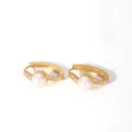 Detail view of gold hoop earrings with white round pearl and sparkling side stones - 2-DQ-W-1946 White