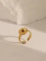Detail of vintage gold plated ring with radial sunburst pattern and brown natural stone - Adjustable Open / Sunburst Wave Edge Style (W706) / Tiger Eye