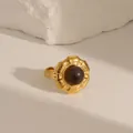 Vintage gold adjustable stainless steel ring with round brown stone and sunburst pattern - Adjustable Open / Tiger's Eye