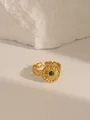 Detail of gold-plated sunburst ring with green malachite stone and heart-shaped band - Adjustable Open / Sunburst Wave Edge Style (W706) / Turquoise