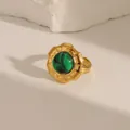Vintage gold stainless steel ring with round green malachite stone inlay for women - Adjustable Open / Malachite green