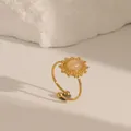 French vintage stainless steel gold ring with sun-shaped natural stone and beaded details - Adjustable Open / Rose Quartz