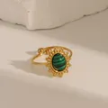 French vintage stainless steel open ring with oval malachite stone and sunburst frame - Adjustable Open / Malachite green