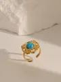 Detail of vintage gold stainless steel ring featuring turquoise stone and hollow pattern - Style 2 Turquoise Blue (W726)