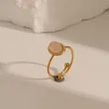 Adjustable gold stainless steel ring featuring a peach natural stone and beaded trim - Adjustable Open / Rose Quartz