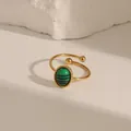 Vintage adjustable gold ring featuring a green striped natural stone with beaded edges - Adjustable Open / Malachite green