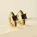 Detail of gold hoop earrings with large square black gemstone and micro-pave setting - Black Square