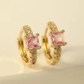 Close-up of gold hoop earrings with square pink gemstone and sparkling clear crystals - Pink Square