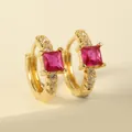 Detailed close-up of golden hoop earrings featuring a square red gemstone and pavé zircon - Rose Red Rectangular