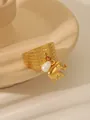 Detail of gold checkered ring with teardrop pearl and small elephant pendant charm - Little Elephant & Artificial Pearl Pendant Plaid Style (Style 3)