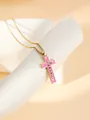 Gold stainless steel cross pendant necklace with pink enamel and colorful cubic zirconia details. - W1496 Cross Style 20