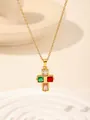 Close-up of gold stainless steel cross necklace with colorful crystal stones, detail jewelry view - W1718 Cross Style 2