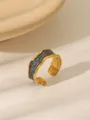 Macro detail of wave-shaped open ring with gold edges and grey enamel inlay finish - Modern Wave Style - Gray Enamel (W1044B)