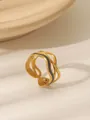 Detail of golden irregular wavy open ring with black enamel accent and matte finish - Modern Minimalist - Black Stripes (W1048C)