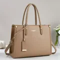 Elegant khaki leather tote bag with large capacity and adjustable shoulder strap - Khaki