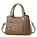Chic brown leather handbag with Fashion Queen print and luxury pearl charm detail - Khaki