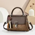 Classic brown paneled crossbody bag with silver round lock and star beaded pendant charm - Coffee