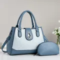 Gray-blue crossbody bag set with striped panel, metal teardrop lock and coin purse - Blue