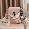 Pink and beige crossbody bag with diamond stitching and fashion wide strap - Quilted With Bear Pendant / Pink