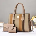 Chic 3-piece striped tote bag set with matching clutch and purse in beige leather - 32*12*24 / Khaki