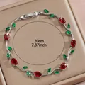 Silbernes Armband mit roten ovalen und grünen blattförmigen Edelsteinen, Länge 20 cm - Roter und Grüner Edelstein Silberrebe Stil (DQ-W-2668)