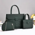Set di 3 borse a mano verde scuro con trama intrecciata, tote e borsa con catena d'oro - Verde