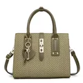 Olive green herringbone tote bag with gold hardware and heart keychain charm - Green