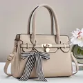 Elegant beige lychee texture tote bag with silk scarf and gold lock for women - Off-white