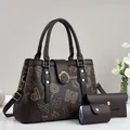 Three-piece dark brown large tote bag set with golden letter patterns and metal ring buckle - Coffee