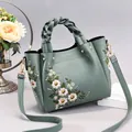 Morandi green shoulder bag with floral embroidery and braided handle for women - Mint Green