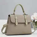 Beige and green woven top handle tote bag with gold metal hardware for women - Green