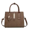 Brown herringbone shoulder bag with gold heart charms and adjustable strap on white background - Coffee