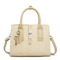 Detail of cream woven handbag featuring golden twist lock and heart-shaped charm - Khaki