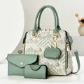 Sage green 4-piece handbag set with traditional Chinese embroidery and golden hardware - Green Handbag Wallet Coin Purse Case