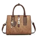 Vintage bronze striped tote bag for women with dark brown handles and heart key charm - Coffee