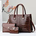 Deep brown 3-piece bag set with crocodile pattern tote and envelope clutch bags - Coffee