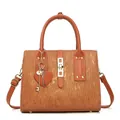 Brown leather tote bag with vertical stripes, heart pendant and adjustable shoulder strap - Earthy Yellow
