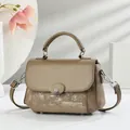 Detail van taupe crossbodytas met vintage textuur en zilveren gesp met het M-logo - Khaki