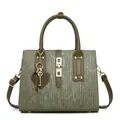 Detail of army green tote bag with vertical textured PU leather and heart key charms - Green