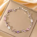 Silbernes Blattarmband mit funkelnden rosa, lila und weißen Zirkonia-Kristallen - Rosa Lila und Weißer Edelstein Silberrebe Stil (W2128)